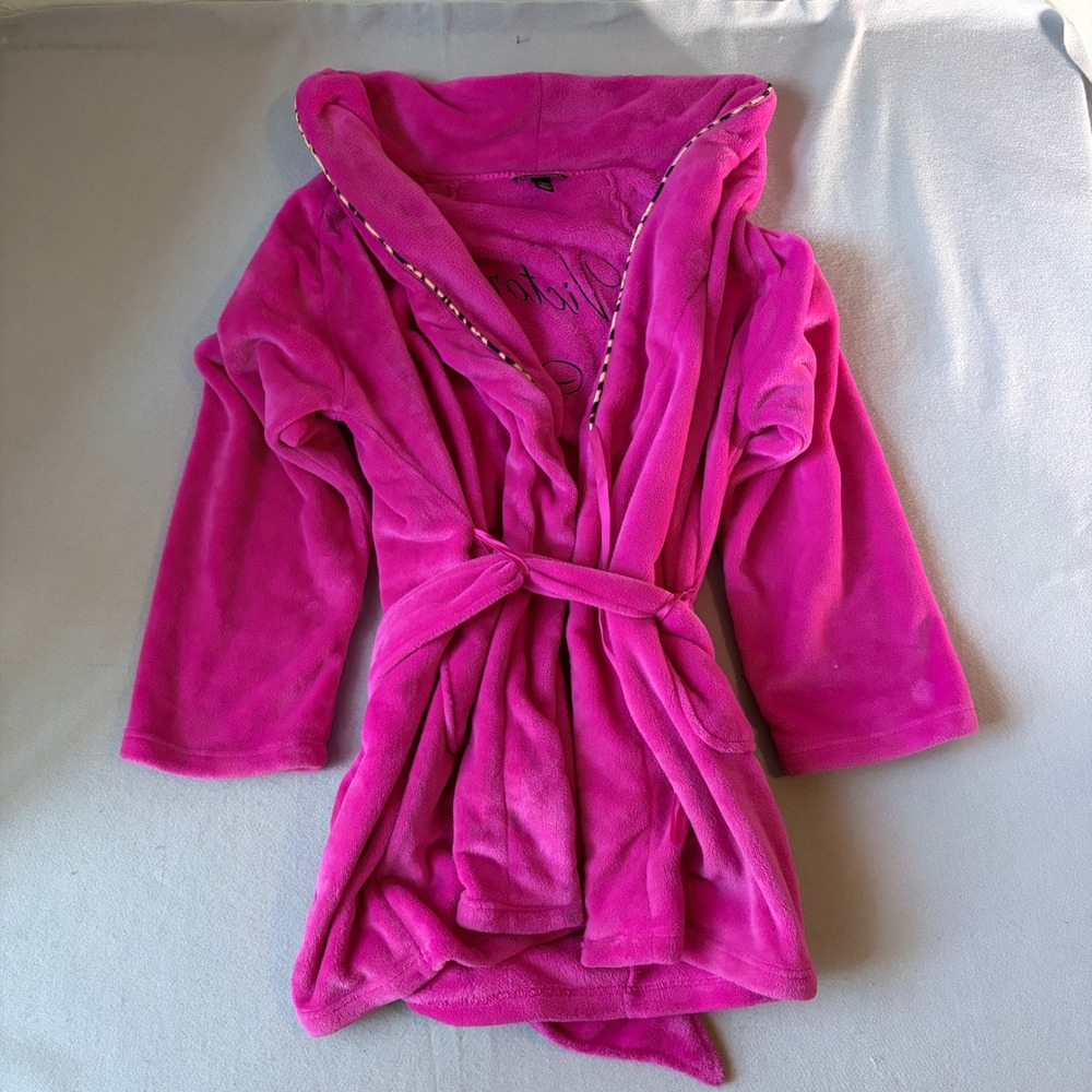 Victorias Secret Hot Pink Plush Fleece Hooded Robe M/L Leopard Trim Embroidered